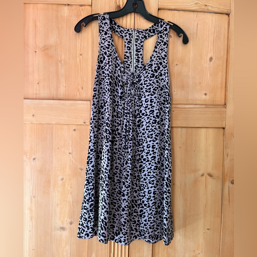 Silk cocktail dress in black & gray leopard print. Size XS